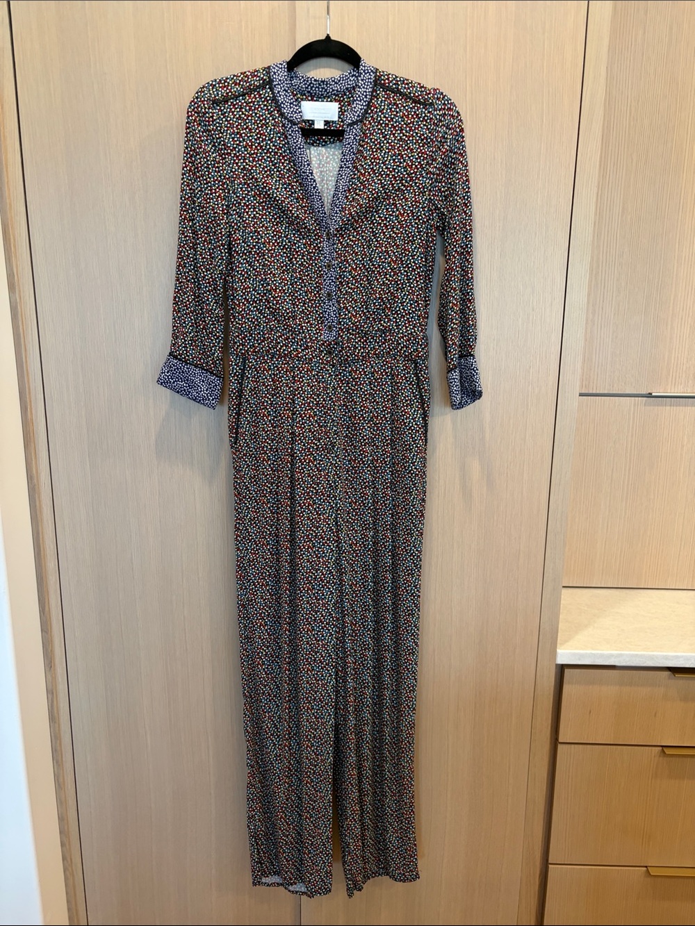 Anthropologie Navy Multicolor Long-Sleeve Maxi Jumpsuit